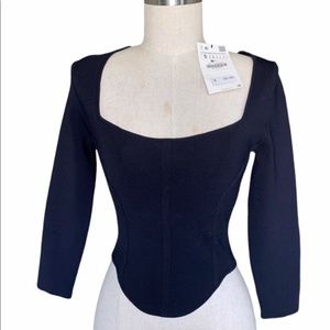 New Zara Black Knit Sleeve Corset Seaming Crop Top